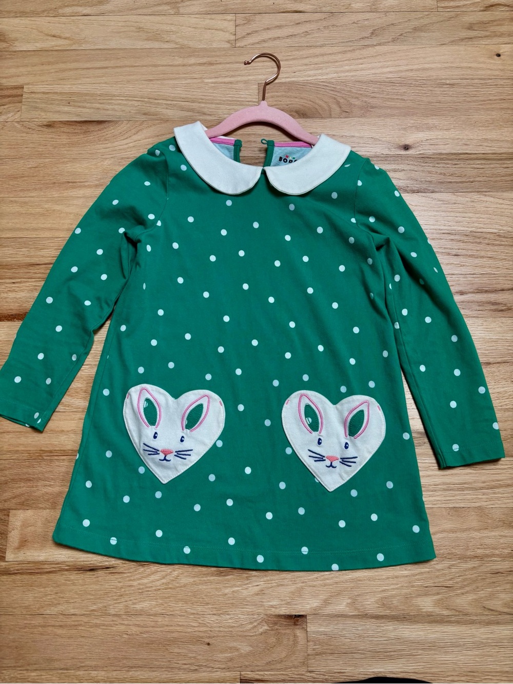 Mini Boden Green Polka Dot Dress with Bunny Heart Pockets